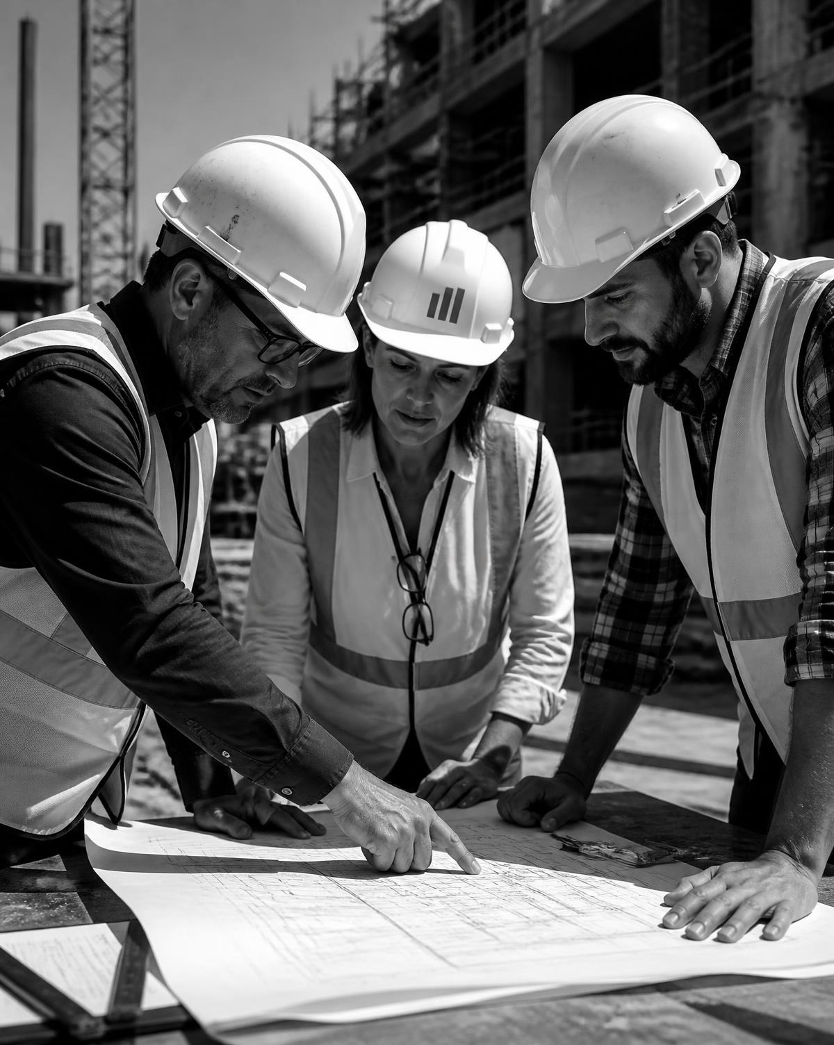Equipo técnico revisando planos en obra
